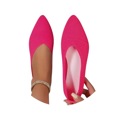 Minetom Damen Ballerina Flache Schuhe Spitze Zehe Strick Kleid Schuhe Slip On Sommer Walking Flats Loafer Für Frauen Bequem Weich A Rosa Rot 41 EU von Minetom