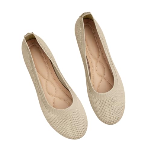 Minetom Damen Ballerina Slip On Schuhe Stricken Ballerinas Bequem Sportlich Flache Schuhe Casual Runde Zehe Komfort Flats Schuhe A Beige 41 EU von Minetom