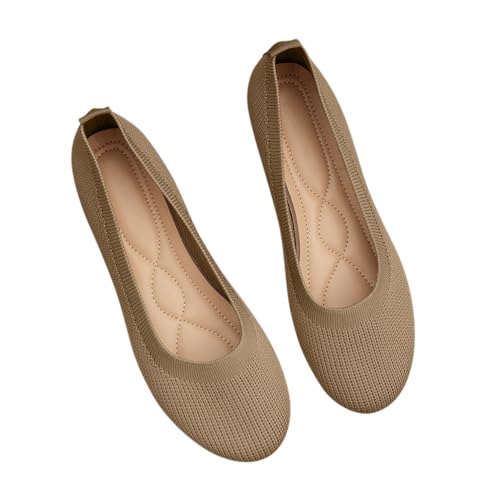 Minetom Damen Ballerina Slip On Schuhe Stricken Ballerinas Bequem Sportlich Flache Schuhe Casual Runde Zehe Komfort Flats Schuhe A Khaki 39 EU von Minetom