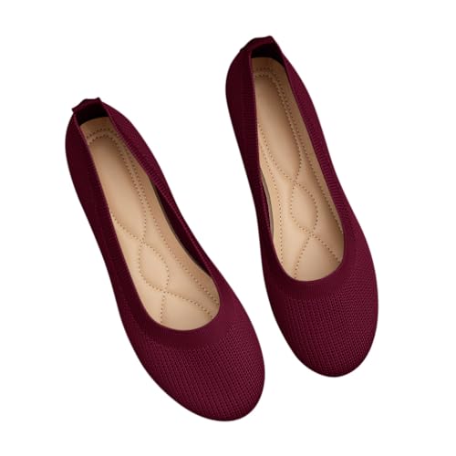 Minetom Damen Ballerina Slip On Schuhe Stricken Ballerinas Bequem Sportlich Flache Schuhe Casual Runde Zehe Komfort Flats Schuhe A Weinrot 37 EU von Minetom