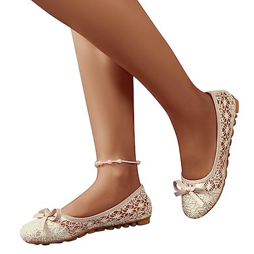 Minetom Damen Ballerina Slip On rutschfest Spitze Schuhe Elegant Bequem Sommer Mädchen Leichte Atmungsaktiv Flache Schuhe Komfort Flats Schuhe A Beige 43 EU von Minetom