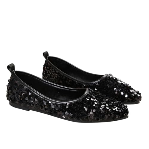 Minetom Damen Ballerinas Elegant Glänzende Pailletten Flache Ballerinas Spitze Zehe Glitzer Bequeme Party Hochzeit Flats Schuhe A Schwarz 38 EU von Minetom