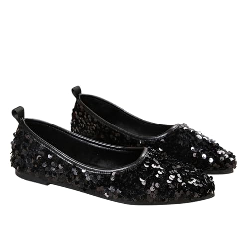 Minetom Damen Ballerinas Elegant Glänzende Pailletten Flache Ballerinas Spitze Zehe Glitzer Bequeme Party Hochzeit Flats Schuhe A Schwarz 40 EU von Minetom