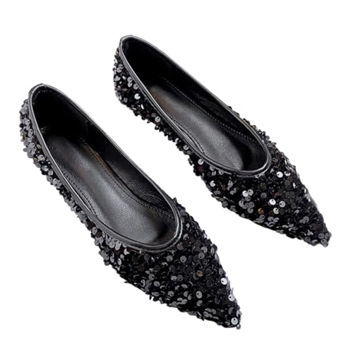 Minetom Damen Ballerinas Elegant Glänzende Pailletten Flache Ballerinas Spitze Zehe Glitzer Bequeme Party Hochzeit Flats Schuhe B Schwarz 41 EU von Minetom