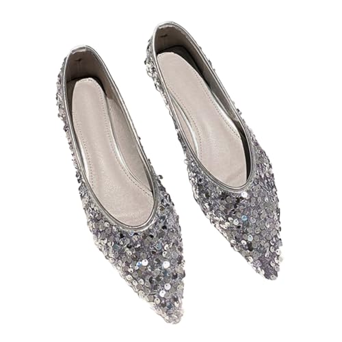 Minetom Damen Ballerinas Elegant Glänzende Pailletten Flache Ballerinas Spitze Zehe Glitzer Bequeme Party Hochzeit Flats Schuhe B Silber 42 EU von Minetom