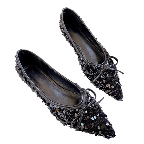 Minetom Damen Ballerinas Elegant Glänzende Pailletten Flache Ballerinas Spitze Zehe Glitzer Bequeme Party Hochzeit Flats Schuhe C Schwarz 41 EU von Minetom