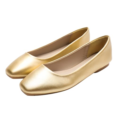 Minetom Damen Ballerinas Quadratische Zehe Pumps Business Büro Flache Schuhe Elegant Bequem Hochzeit Abend Party Braut Schuhe A2 Gold 37 EU von Minetom