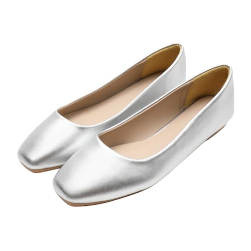 Minetom Damen Ballerinas Quadratische Zehe Pumps Business Büro Flache Schuhe Elegant Bequem Hochzeit Abend Party Braut Schuhe A2 Silber 42 EU von Minetom
