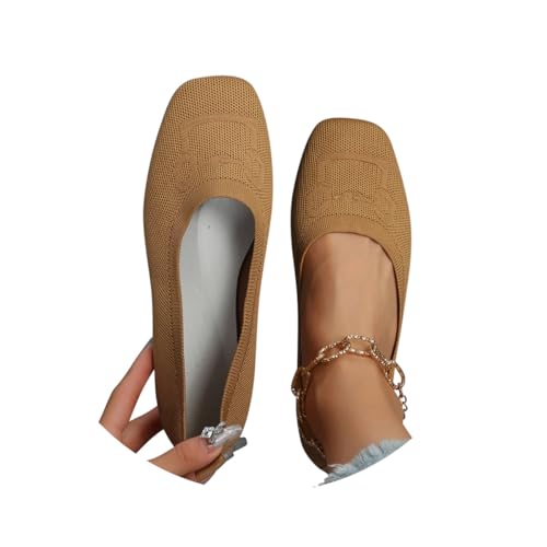 Minetom Damen Ballerinas Slip On Knit Kleid Schuhe Quadratischer Zehe Loafer Bequem Atmungsaktiv Sommer Mesh Flats Schuhe A Khaki 41 EU von Minetom