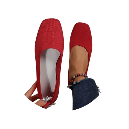 Minetom Damen Ballerinas Slip On Knit Kleid Schuhe Quadratischer Zehe Loafer Bequem Atmungsaktiv Sommer Mesh Flats Schuhe A Rot 40 EU von Minetom