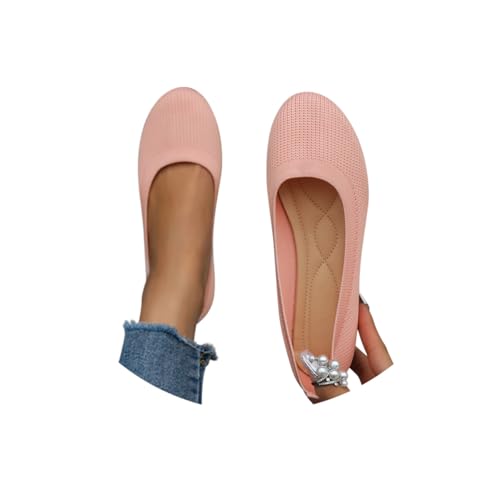 Minetom Damen Ballerinas Slip On Schuhe Flach Stricken Bequem Sommer Elegant Runde Zehe Flat Walking Schuhe A Rosa 40 EU von Minetom