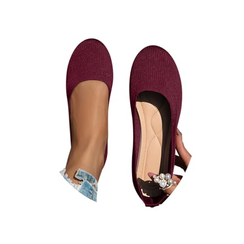 Minetom Damen Ballerinas Slip On Schuhe Flach Stricken Bequem Sommer Elegant Runde Zehe Flat Walking Schuhe A Rot 42 EU von Minetom