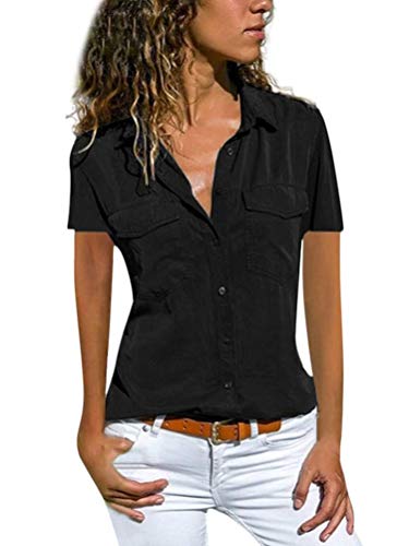 Minetom Damen Basic Blusen Taillierte Kurzarm Damenbluse V-Ausschnitt Shirt Hemd Casual Bluse Einfarbig Oberteil Hemdbluse Shirtbluse Ärmellose Tank Top Weste B Schwarz 44 von Minetom