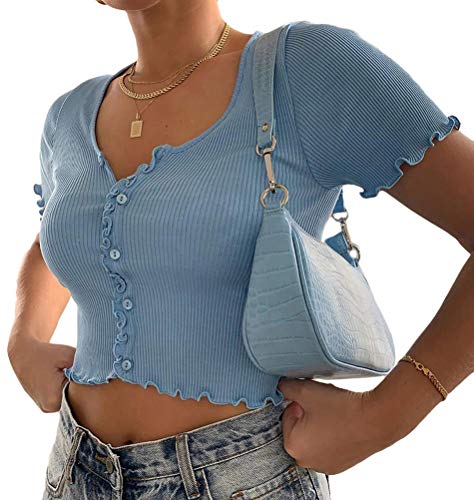 Minetom Damen Bauchfrei Oberteile T-Shirts Kurzarm Crop Top Kurz Shirts Bedruckte Tshirts D Blau 34 von Minetom