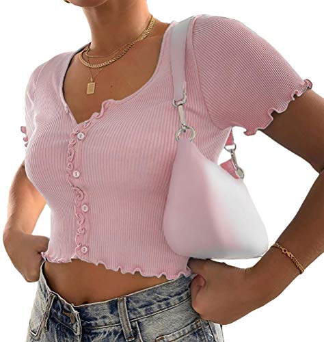 Minetom Damen Bauchfrei Oberteile T-Shirts Kurzarm Crop Top Kurz Shirts Bedruckte Tshirts D Rosa 40 von Minetom