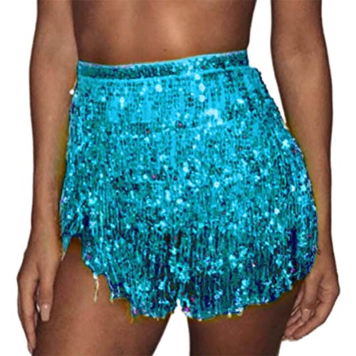 Minetom Damen Bauchtanz Und Latin Dance Glitzer Rock Pailletten Quaste Tanzröcke Fransen Outfits Röcke Bauchtanz Hüfttuch Gürtel Röcke A1 Blau One Size von Minetom