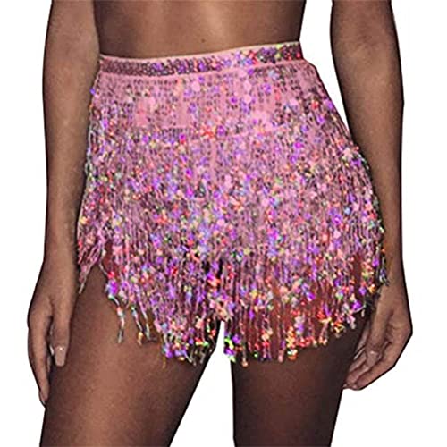 Minetom Damen Bauchtanz Und Latin Dance Glitzer Rock Pailletten Quaste Tanzröcke Fransen Outfits Röcke Bauchtanz Hüfttuch Gürtel Röcke A1 Rosa One Size von Minetom