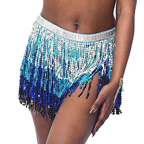 Minetom Damen Bauchtanz Und Latin Dance Glitzer Rock Pailletten Quaste Tanzröcke Fransen Outfits Röcke Bauchtanz Hüfttuch Gürtel Röcke A2 Blau One Size von Minetom