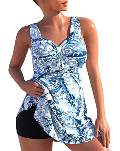 Minetom Damen Bauchweg Bademode Tankini Set Zweiteilig Push Up Badeanzug Strand Schwimmanzug Swimwear Badekleid mit Shorts B Weiß L von Minetom