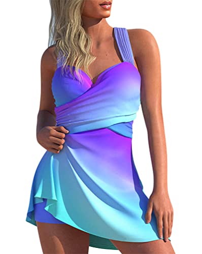 Minetom Damen Bauchweg Bademode Tankini Set Zweiteilig Push Up Badeanzug Strand Schwimmanzug Swimwear Bikini Badekleid mit Shorts A Violett M von Minetom