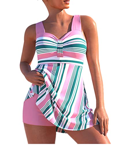 Minetom Damen Bauchweg Bademode Tankini Set Zweiteilig Push Up Badeanzug Strand Schwimmanzug Swimwear Bikini Badekleid mit Shorts C Rosa 3XL von Minetom