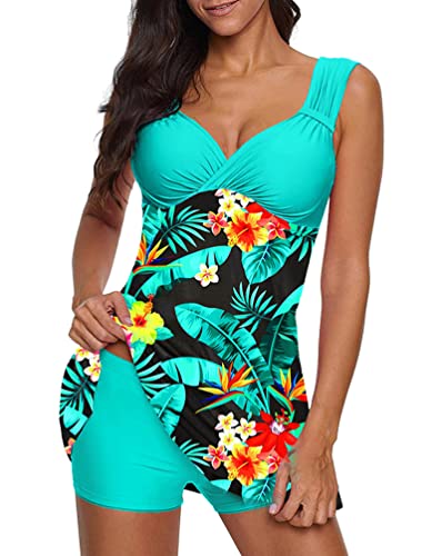 Minetom Damen Bauchweg Bademode Tankini Set Zweiteilig Push Up Badeanzug Strand Schwimmanzug Swimwear Bikini Badekleid mit Shorts D Blau L von Minetom