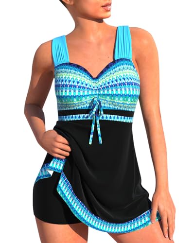 Minetom Damen Bauchweg Bademode Tankini Set Zweiteilig Push Up Badeanzug Strand Schwimmanzug Swimwear Bikini Badekleid mit Shorts E Blau 3XL von Minetom