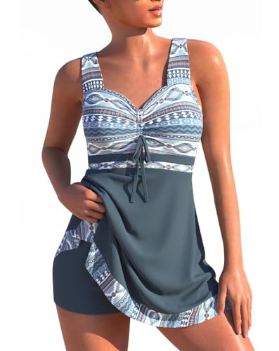 Minetom Damen Bauchweg Bademode Tankini Set Zweiteilig Push Up Badeanzug Strand Schwimmanzug Swimwear Bikini Badekleid mit Shorts E Grau 3XL von Minetom
