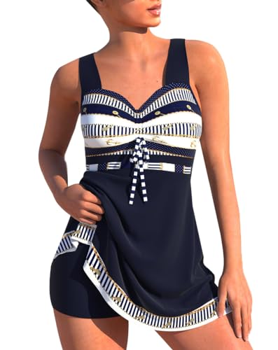 Minetom Damen Bauchweg Bademode Tankini Set Zweiteilig Push Up Badeanzug Strand Schwimmanzug Swimwear Bikini Badekleid mit Shorts E Marine XL von Minetom