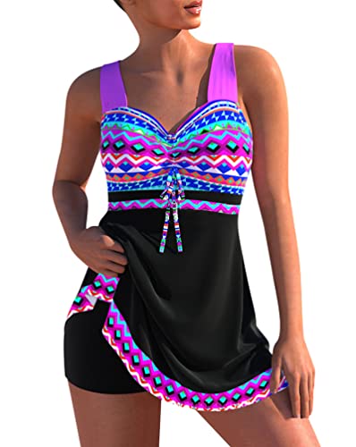 Minetom Damen Bauchweg Bademode Tankini Set Zweiteilig Push Up Badeanzug Strand Schwimmanzug Swimwear Bikini Badekleid mit Shorts E Schwarz S von Minetom