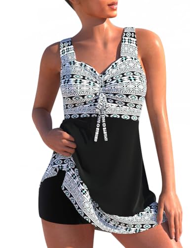 Minetom Damen Bauchweg Bademode Tankini Set Zweiteilig Push Up Badeanzug Strand Schwimmanzug Swimwear Bikini Badekleid mit Shorts E Weiß XL von Minetom