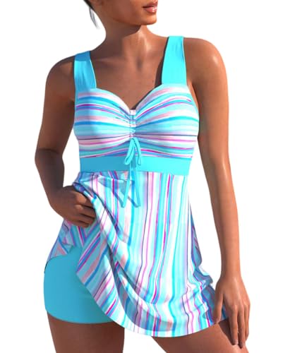 Minetom Damen Bauchweg Bademode Tankini Set Zweiteilig Push Up Badeanzug Strand Schwimmanzug Swimwear Bikini Badekleid mit Shorts F Blau XXL von Minetom