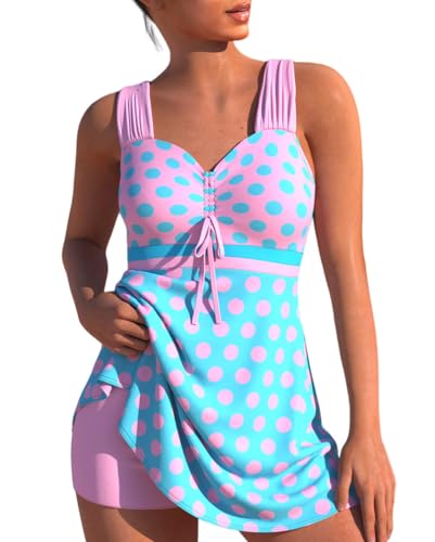 Minetom Damen Bauchweg Bademode Tankini Set Zweiteilig Push Up Badeanzug Strand Schwimmanzug Swimwear Bikini Badekleid mit Shorts F Rosa XL von Minetom
