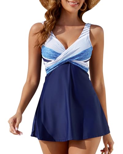 Minetom Damen Bauchweg Bademode Tankini Set Zweiteilig Push Up Badeanzug Strand Schwimmanzug Swimwear Bikini Badekleid mit Shorts J Blau XXL von Minetom