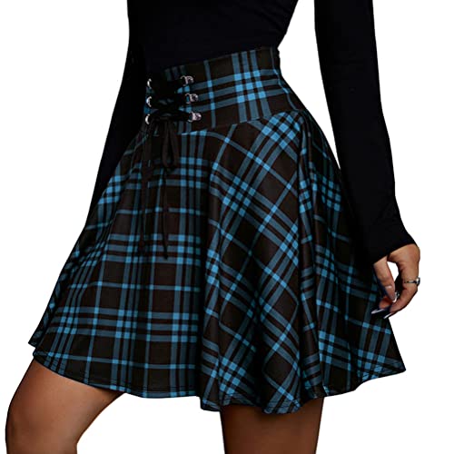 Minetom Damen Beiläufig Kariert A Linie Mini Rock Basic Uniform Skater Faltenrock Gothic Kleid Hohe Taille Cosplay Schnürrock Skater Tennis Plaid Minirock A Blau M von Minetom