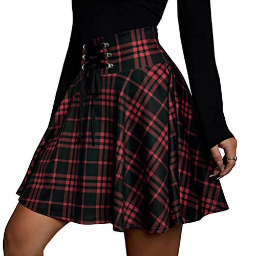 Minetom Damen Beiläufig Kariert A Linie Mini Rock Basic Uniform Skater Faltenrock Gothic Kleid Hohe Taille Cosplay Schnürrock Skater Tennis Plaid Minirock A Rot 3XL von Minetom