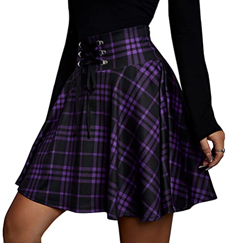 Minetom Damen Beiläufig Kariert A Linie Mini Rock Basic Uniform Skater Faltenrock Gothic Kleid Hohe Taille Cosplay Schnürrock Skater Tennis Plaid Minirock A Violett 3XL von Minetom