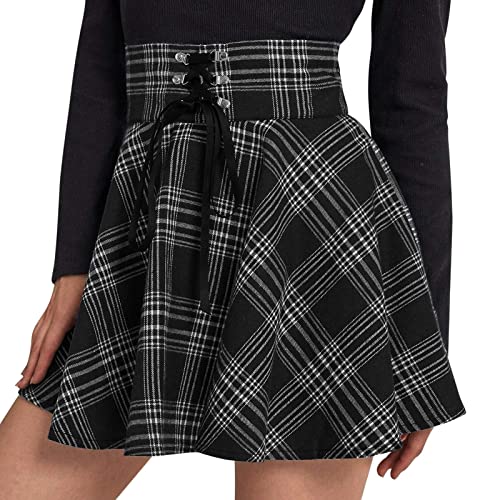 Minetom Damen Beiläufig Kariert A Linie Mini Rock Basic Uniform Skater Faltenrock Gothic Kleid Hohe Taille Cosplay Schnürrock Skater Tennis Plaid Minirock C Schwarz M von Minetom