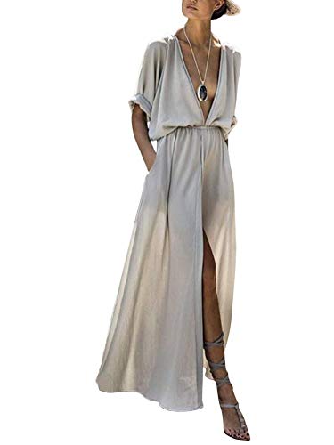 Minetom Damen Beiläufig Tiefer V-Ausschnitt Kleider Elegant 1/2-Arm Oversized Lang Maxikleid Einfarbig Spalt Strandkleid Partykleid Grau DE 44 von Minetom