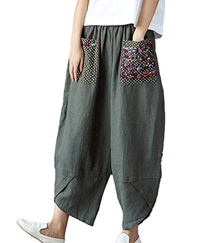 Minetom Damen Beiläufige Leinen Weite Beinhose Lose Patchwork Haremshose Baggy Lange Hose Gummizug Lässig Locker Leinenhose Freizeithose Hosenrock Armeegrün XX-Large von Minetom