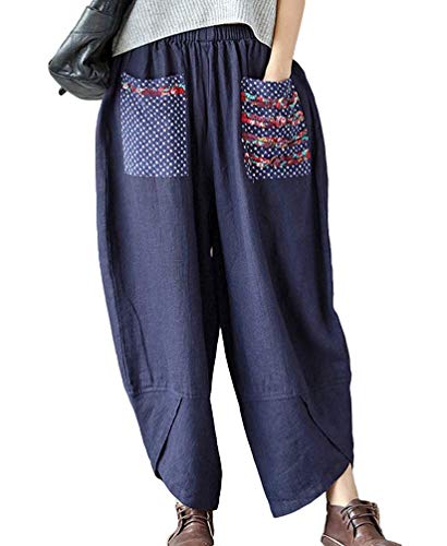 Minetom Damen Beiläufige Leinen Weite Beinhose Lose Patchwork Haremshose Baggy Lange Hose Gummizug Lässig Locker Leinenhose Freizeithose Hosenrock Blau XX-Large von Minetom