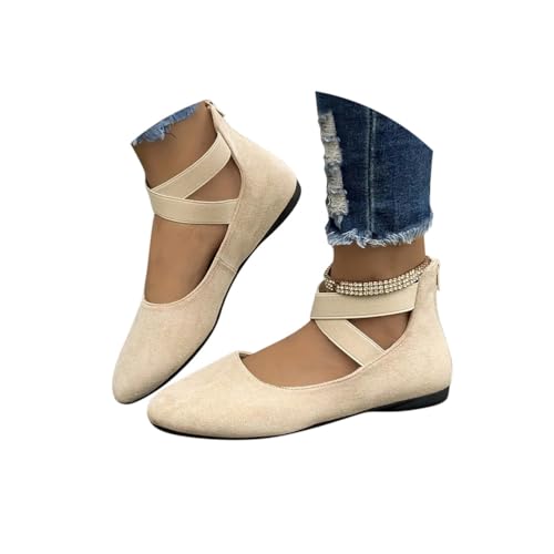 Minetom Damen Bequeme Ballerinas Flache Schuhe Mit Knöchelwickel Und Elastischen Kreuzträgern Leicht Slip On Abend Hochzeit Flats Schuhe A Aprikose 39 EU von Minetom