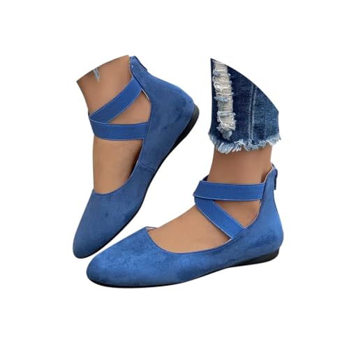 Minetom Damen Bequeme Ballerinas Flache Schuhe Mit Knöchelwickel Und Elastischen Kreuzträgern Leicht Slip On Abend Hochzeit Flats Schuhe A Blau 37 EU von Minetom
