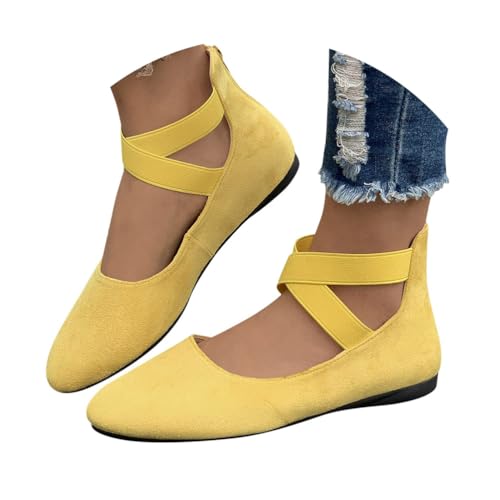 Minetom Damen Bequeme Ballerinas Flache Schuhe Mit Knöchelwickel Und Elastischen Kreuzträgern Leicht Slip On Abend Hochzeit Flats Schuhe A Gelb 41 EU von Minetom