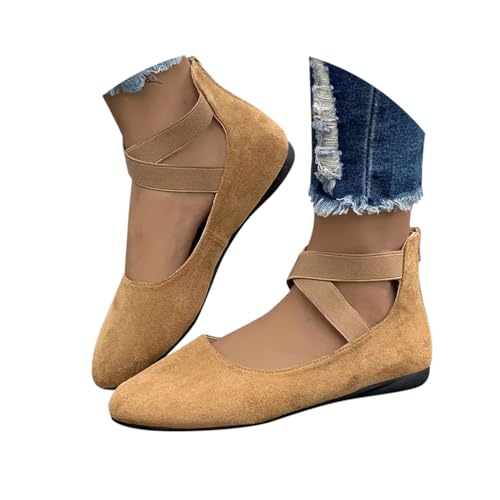 Minetom Damen Bequeme Ballerinas Flache Schuhe Mit Knöchelwickel Und Elastischen Kreuzträgern Leicht Slip On Abend Hochzeit Flats Schuhe A Khaki 41 EU von Minetom