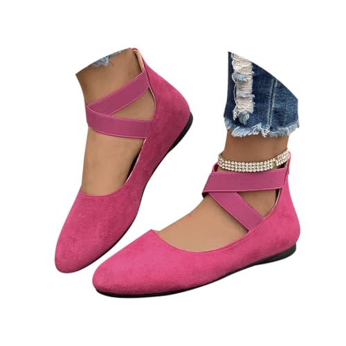 Minetom Damen Bequeme Ballerinas Flache Schuhe Mit Knöchelwickel Und Elastischen Kreuzträgern Leicht Slip On Abend Hochzeit Flats Schuhe A Rosa 41 EU von Minetom