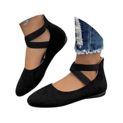 Minetom Damen Bequeme Ballerinas Flache Schuhe Mit Knöchelwickel Und Elastischen Kreuzträgern Leicht Slip On Abend Hochzeit Flats Schuhe A Schwarz 42 EU von Minetom