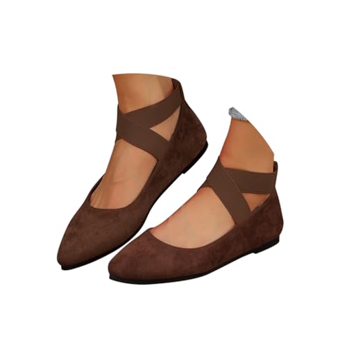 Minetom Damen Bequeme Ballerinas Flache Schuhe Mit Knöchelwickel Und Elastischen Kreuzträgern Leicht Slip On Abend Hochzeit Flats Schuhe B Braun 42 EU von Minetom