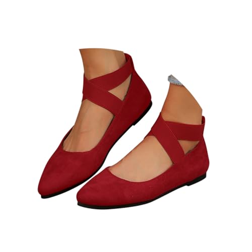 Minetom Damen Bequeme Ballerinas Flache Schuhe Mit Knöchelwickel Und Elastischen Kreuzträgern Leicht Slip On Abend Hochzeit Flats Schuhe B Rot 42 EU von Minetom