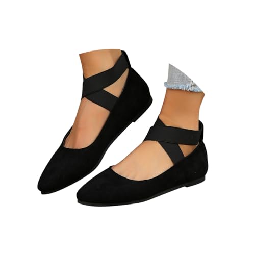 Minetom Damen Bequeme Ballerinas Flache Schuhe Mit Knöchelwickel Und Elastischen Kreuzträgern Leicht Slip On Abend Hochzeit Flats Schuhe B Schwarz 43 EU von Minetom